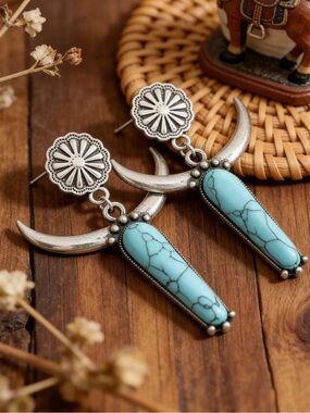 Western Cowboy‎ Style Bull Horn & faux Turquoise Drop Earrings
